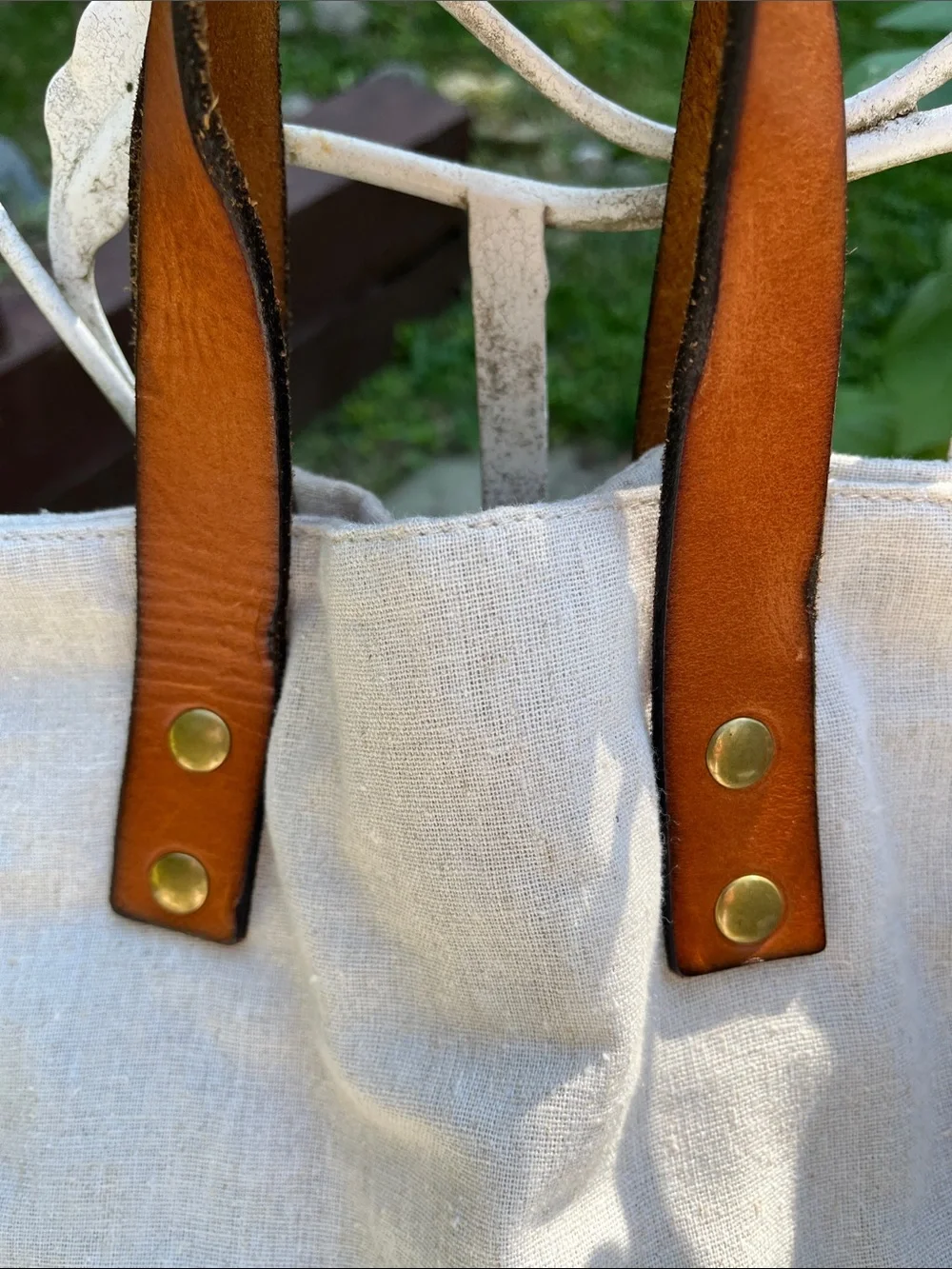 Scotch & Soda Beige Canvas Tote with Brown Leather Handles and Blue Base